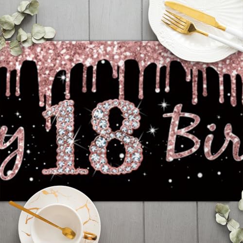 Gelukkige 18e Verjaardag tafelloper 18e verjaardag meisje inrichting keuken ettafel inrichting tafelband verjaardagsfeest tafelkleed inrichting voor thuis, zwart roségoud