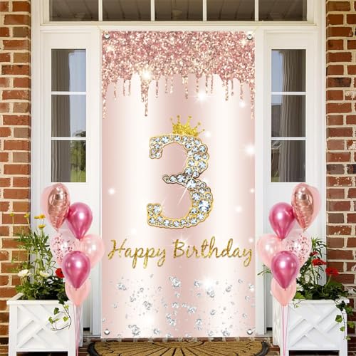 3rd Birthday Girl Decoration, Happy 3rd Birthday Deur Banner Rose Gold, 3rd Birthday Fabric Sign Poster Deur Decoratie, 3rd Birthday Achtergrond Banner, Birthday Party Welkom Sign 3
