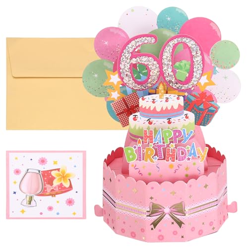 60e verjaardagskaart, Pop Out verjaardagskaart grappig gelukkig verjaardagskaart zoet 3D met wenskaart en envelop voor vrouwen meisje jongen mam geschenk beste vriend decoratie, roze