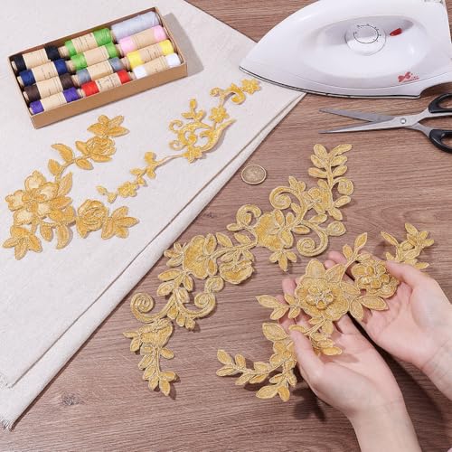 8 stukken borduursel Kant Bloem Patches - Strijkijzer op en naaibaar - Gouden bloemen Appliques voor bruiloft jurk decoratie, reparatie kleding, rugzakken, Jeans en Caps 3