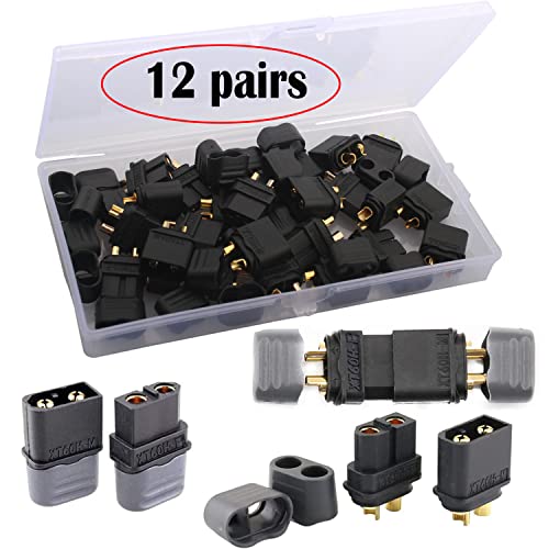 XT-60H Plug, Pack van 24, 12 Pairs XT-60 Plugs, XT-60H Batterijpluggen voor RC Lipo Batterij, Helikopter Quadcopter (12pcs XT-60H Plug + 12Pcs XT-60H Jack) Zwart
