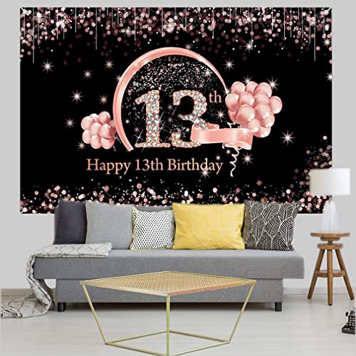 13th Birthday Girl Decoration, 13th Birthday Banner Black and Rose Gold, Stof Teken 13th Birthday Poster 13th Birthday Achtergrond Banner Verjaardag Decoratie 3