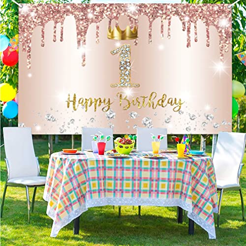 1e verjaardag meisje decoratie, eerste verjaardag Banner Rose Gold, gelukkig 1 verjaardag stof sign poster, 1e verjaardag achtergrond Banner meisje verjaardag partij decoratie met kroon element 3