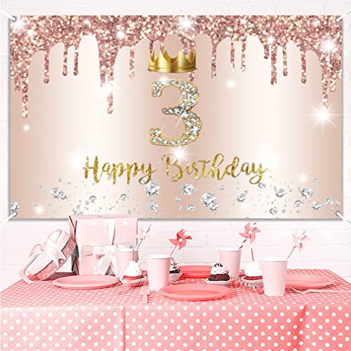 Gelukkige 3e verjaardag achtergrond Banner partij decoratie voor meisje gelukkig 3 jaar oude stof sign poster, Glitter roze fotografie achtergrond derde verjaardag Partij Tafeldecoratie 150x90cm 3