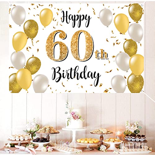60e verjaardag Decoratie voor mannen/vrouwen, 60e Verjaardagsstof Tekenposter, 60th Anniversary Party Achtergrond Banner, Verjaardag Decoratie Wit en Goud, 1.5m 4