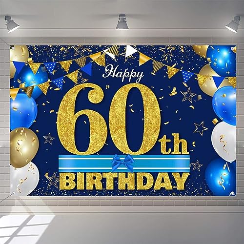 60e verjaardag Decoratie voor mannen/vrouwen, 60e Verjaardagsstof Tekenposter 60th Anniversary Party Achtergrond Banner Verjaardag Decoratie Blauw en Goud, 1.5 Meters