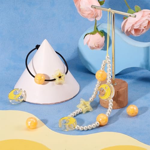 30 st Ster en Maan Acryl kralen Ronde met Star Glitter Acryl kralen Ronde en Maan kralen Grote Hole Star Spacer kralen voor DIY armband oorbellen maken, Geel