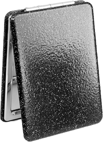 Compacte Pocket Spiegel, 1X/2 x Pocket Spiegel met vergroting, Classic PU leer, Zwart, Opvouwbare Dubbelzijdige Pocket Spiegel, Kleine Portabiliteit voor Reizen (62 x 85 mm)