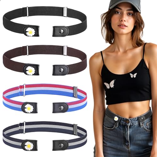 4 Piece Belts Without Buckle for Men and Women, Daisy Buckle-free Onvisible Elastische verstelbare Jeans Belt, kleurrijk