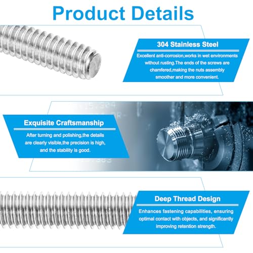 3/8"-16 UNC Full Threaded Stainless Steel 304, 10 stuks Lange rechter draad Schroef voor Bolts Ankerklemmen Haak U Bolts 3