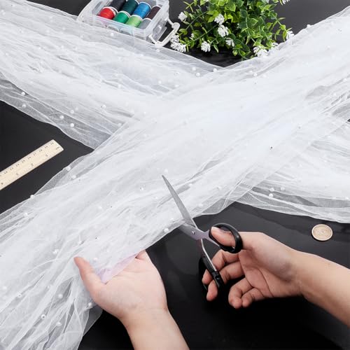 3 Yards Pearl Mesh Stof 1,92m Brede Kralen Tule Stof Doorschijnend Mesh Stof Bruids Veil bruiloft tafel decoraties voor douche jurk Veil huis, wit 3