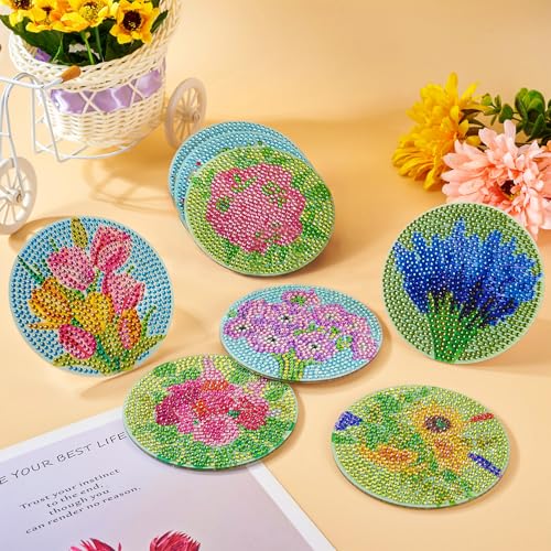 8Pcs Diamond Painting Coaster Bloemenpatroon 5D Diamond Art Coaster Cup Mat Kits met gereedschap voor DIY Cup Drinkt Coakers Bureau Decoraties