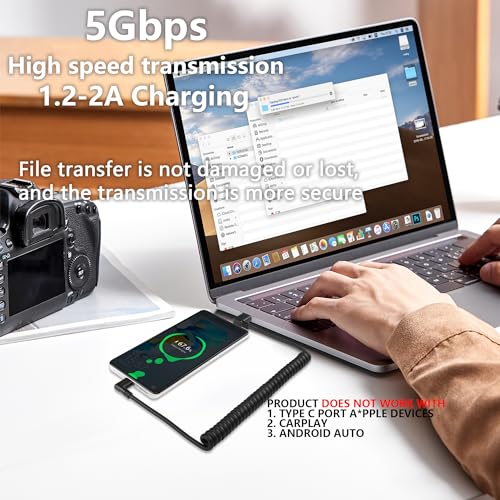 U Vorm USB Type C veerkabel 5Gbps Intrekbaar 90 graden USB3.0 tot USB C Oplaadkabel en gegevensoverdracht voor telefoon, tablet, andere USB C-apparaten (Down) 4