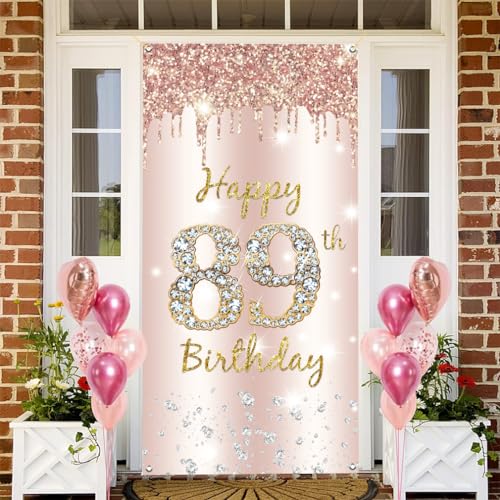 89e verjaardag decoratie vrouwen, Gelukkig 89e verjaardag deur banner roos goud,89e verjaardag stof teken poster deur decoratie,89e verjaardag achtergrond banner dames, verjaardag feest welkom teken
