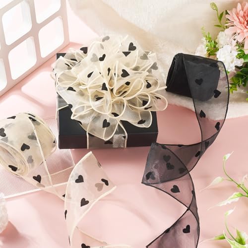 2 Rolls Heart Organza Ribbon 60mm Breed Transparant Polyester Lints Bows Libbons Heart Patterns Chiffon Lints for Gift Wrapping Trouwen, Black/Beige