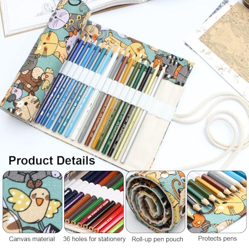 2 Stukken Canvas Roll Up Potlood Case 36 Gaten voor gekleurde potloden met grote capaciteit, Pouch houder Portable Roll Up Pen Houder, Canvas Potlood Roller voor gekleurde potloden, Penselen, Tekening 3