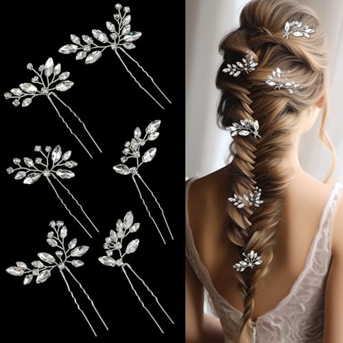 6 stuks zilveren bladsteen Haarspelden Bruid kristal haar accessoires U vorm haar Clip voor bruiloft feestbal bruidsmeisjes bloem meisje