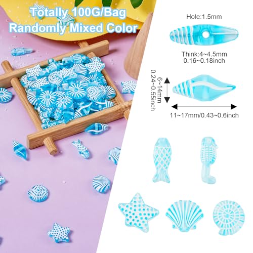100G oceaan thema transparante acryl kralen vis zeester schelp kralen bulk voor armband ketting sleutelhanger zomer ambachten sieraden maken, bleke turquoise 3