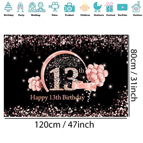 13th Birthday Girl Decoration, 13th Birthday Banner Black and Rose Gold, Stof Teken 13th Birthday Poster 13th Birthday Achtergrond Banner Verjaardag Decoratie