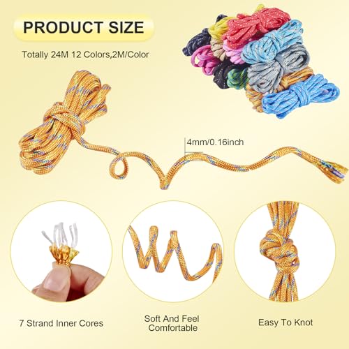 24 Meter Cores Polyester 4mm Brede Spandex Touw Armbanden maken Cords 12 Kleuren Ambacht Cords voor DIY armband Keychains hangen ornamenten 4