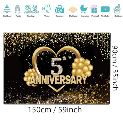 Gelukkige 5e verjaardag achtergrond decoraties, gelukkig voor 5 jaar verjaardag Banner, 5e bruiloft Party Poster Accessoires Stof Tekenposter, Black Gold Anniversary Cookies Foto Achtergrond
