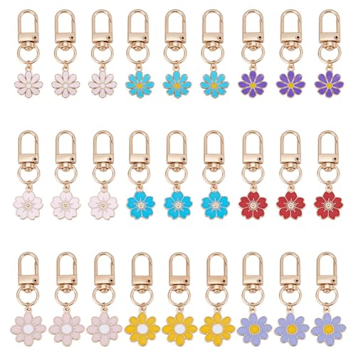 27Stuks 9 Styles Daisy Flower Keychain, 5-5,5 cm Bloem Legering Enamel hanger Handtas Sleutelhanger Bulk voor Handtas Mobiele Telefoon Decoratie Portemonnee Hanger