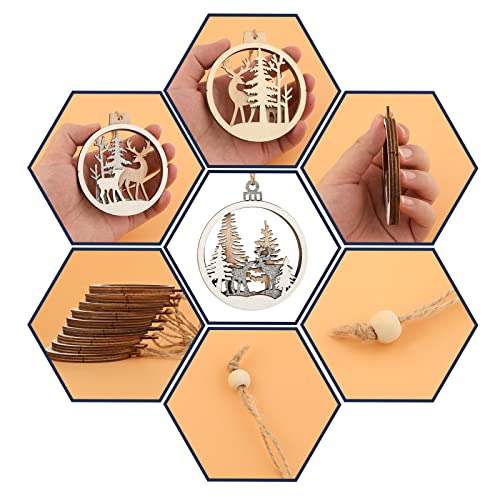 9 stuks Hangende houten kerstboom ornamenten, Ronde kerstversieringen met Elk Santa Claus Snowman Hollow Decor Farm Decoraties voor kerstboom Wintervakantie 4