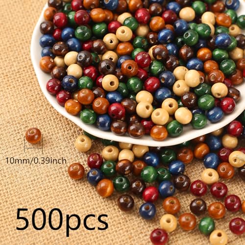 500st Kleurrijke houten kralen 10mm Assorted Macrame Houten Loose Spacer Kralen Natuurlijke kleur Houten kralen geschilderd houten kralen voor sieraden maken armbanden (10mm)