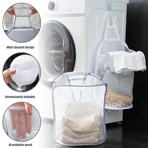 2 stuks Hangende wasmand, Mesh opvouwbaar Kleine muur wasmanden Pop-up wasmand Organisator vuile kleren Mesh Bag draagbare wasbak voor thuis, Hotel, Reizen, Camping (White + 5