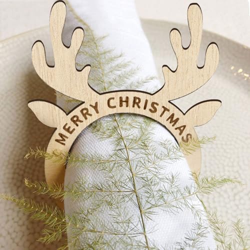 12 stuks Kerst Napkin Ringen, Houten vrolijk kerstnapkin houder, Antler Napkin Buckles voor Kerstdiner Tafel Instellingen Decoratie 5