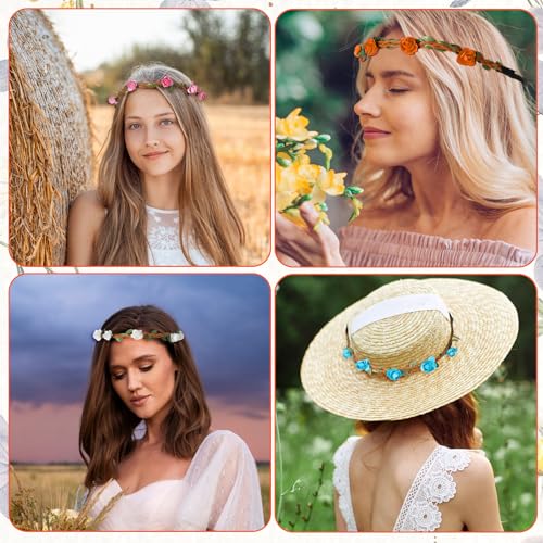 8Pcs Rose Paper Flower Headband, Hairband Floral Crown Garland Bloemen Huwelijk Headwear met elastische ribbon handgemaakte haaraccessoires