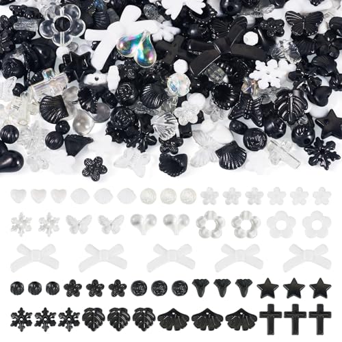 100g Diverse Acryl kralen Bloem kralen Caps Bow Butterfly Bloemen Blad esthetische ambacht kralen Bulk voor armband sieraden maken, zwart & wit