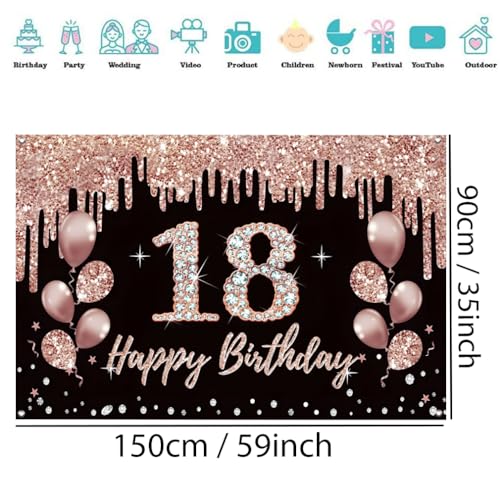 18e verjaardag decoratie voor meisjes, feest decoratie zwart en rozengoud, 18e verjaardag stof teken hangen poster, 18e verjaardag achtergrond Banner Party welkom tekenen