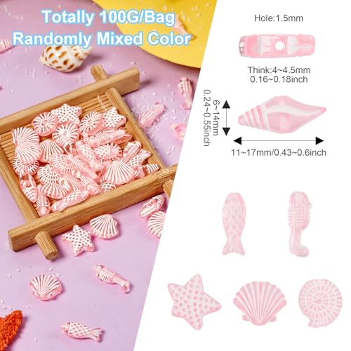100G Ocean Thema Acryl Kralen Shell Shell Starfish Spacer Kralen Transparante Zeevis Sea Animal Kralen Bulk voor DIY armband sieraden maken, Roze 4