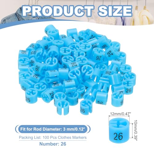 100st Coat Hanger Markers Nummer 26 Tags Fit 3mm Rod Garment Maat Tag Hanger Clips Ronde kleur Coding Label voor kleding Hangers, Blauw