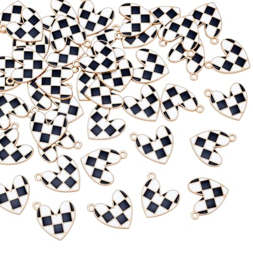 48st Black and White Heart Charms, Plaid Flag Heart Charm Legering Emaill Hanger voor armband ketting oorbellen sleutelhanger tas bedeltjes sieraden accessoires