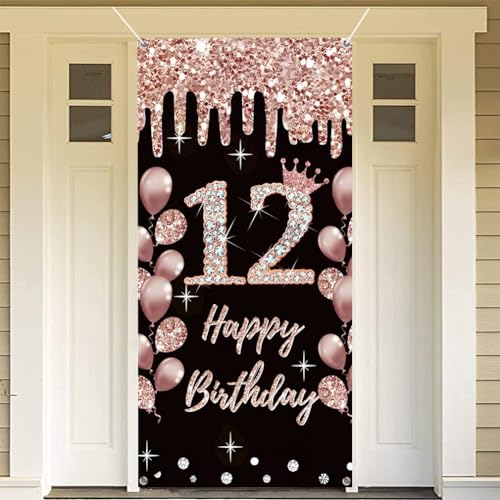 12e verjaardag decoratie voor meisjes gelukkig 12e verjaardag poster deur banner rozeold doek teken muur / deur banner 12e verjaardag achtergrond banner meisjes verjaardag feest welkom teken