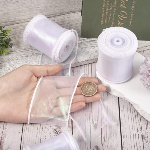3 Rolls Iridescent Ribbon 60mm Glittering Translucent Wired Organza Libbons White Decorative Ribbon voor het omwikkelen van kleding Bow bruiloft boeketten decoratie 5