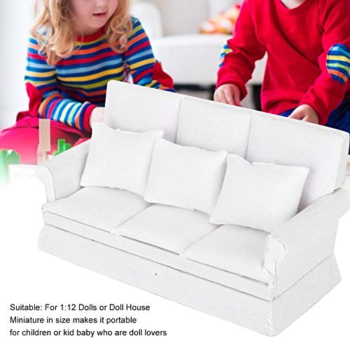 Dollhouse Sofaset, 1:12 Dollhouse Mini Bank met 3 st Kussen Houten Meubilair Bank Kit miniatuur Speelgoed Sofa Stoelen voor woonkamer decoratie (Wit)