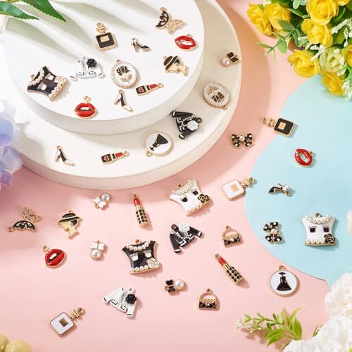 40 st. Vrouwen Thema Legering Email hangers Lipstick jurk Rose Emaill Dangle Charms Vlinder Bowknot Handtassen Oorbellen Bedels voor DIY ketting armband sieraden maken, Email 3