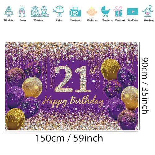 21ste verjaardag decoratie voor vrouwen, paarse glitter vlekken stof teken poster verjaardag feest decoratie,21ste verjaardag achtergrond banner vrouw,21ste verjaardag feest decoratie