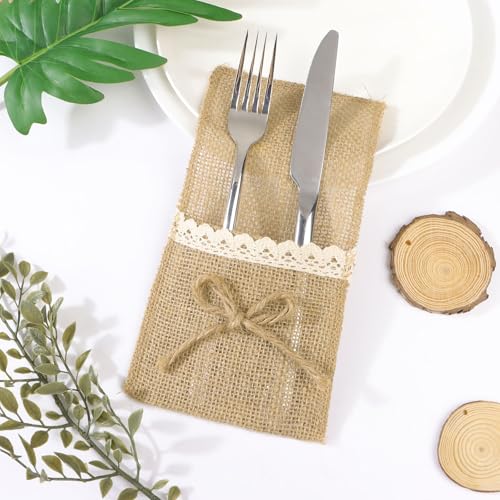 20 st. Natuurlijke Jute Utensil Houders (11 x 21 cm) Messen Vorken Burlap Bestek Bag Bestek houder Bag Jute White Lace Jute Hessian Rustic Land voor bruiloft Festival Evenement 5