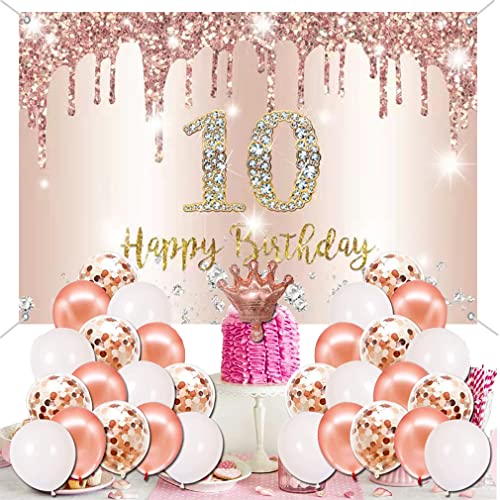 10e verjaardag meisje decoratie Banner Rose Gold,10e Verjaardag Stof Tekenposter Achtergrond Banner Meisje Verjaardag Party Decoratie 4