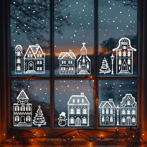 Venster foto's Kerstmis zelfklevend - 8 vellen PVC raam stickers met huizen en sneeuw motieven, Kerstmis decoratie venster - venster decoratie voor de winter, Kerstmis, Nieuwjaar etc 3