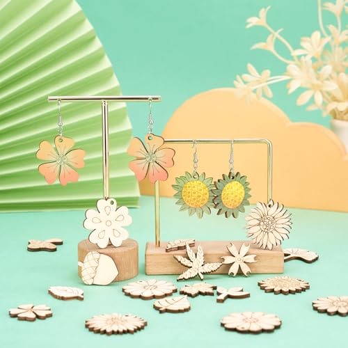 90 st Blad en Bloem Hout Hanger Paddestoel Zonnebloem Rose Onafgewerkt Houten Bedels Hout Ambachten Hangers voor DIY Ketting Oorbellen sieraden maken, Beige, Hout, hout manen