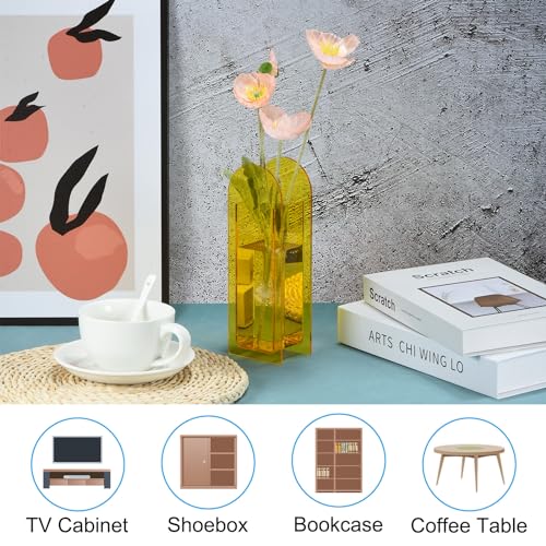 3 x 2 x 9 Inch Acryl vaas, Arch Acryl Bloem vaas Clear Geometrische Plastic Decoratieve Vaas voor Tafel Centerpiece Home Decoratie Geel 4