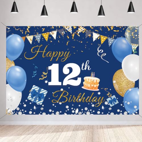 Verjaardag Decoratie voor jongens en meisjes, 12e verjaardag Banner, 12e verjaardag Stof Teken poster, 12e verjaardag Achtergrond Banner Jongen Verjaardag Party Decoratie, Blauw