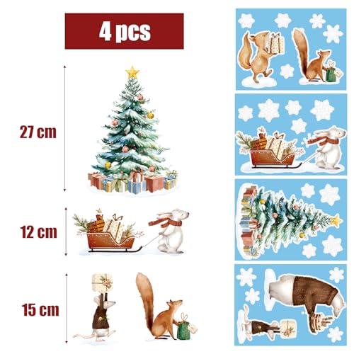 4 Vellen Kerstmis Window Stickers Aquarel Kerst scene Double Sided Snowflake Window Clings Herbruikbare Animal Glass Sticker voor Xmas Window Decor