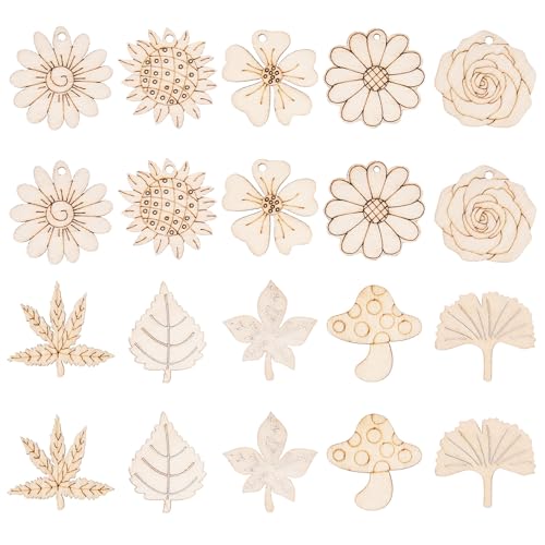 90 st Blad en Bloem Hout Hanger Paddestoel Zonnebloem Rose Onafgewerkt Houten Bedels Hout Ambachten Hangers voor DIY Ketting Oorbellen sieraden maken, Beige, Hout, hout manen