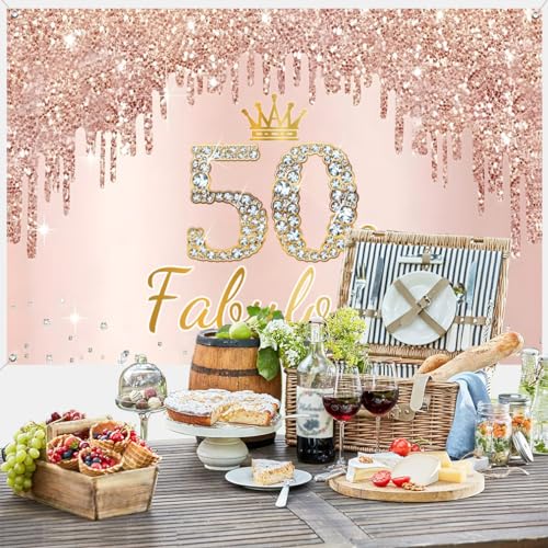 50e verjaardag Decoratie voor vrouwen, 50 & Fabulous Glitter Rose Gold Stof Teken poster verjaardag feest decoratie, 50e verjaardag achtergrond Banner vrouw 4